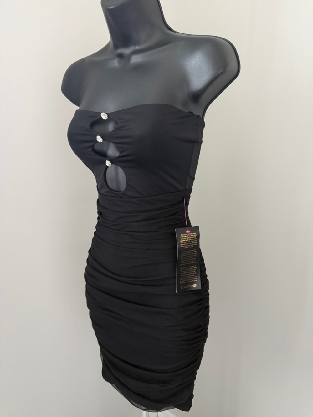 🆕 BEBE Black Tube Mini Dress Strapless Bodycon Cutouts Crystals Women’s Size XXS - Picture 8 of 16